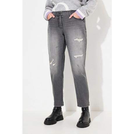 Ulla Popken  Boyfriend jeans con effetto sdrucito, elasticizzazione e cinque tasche 