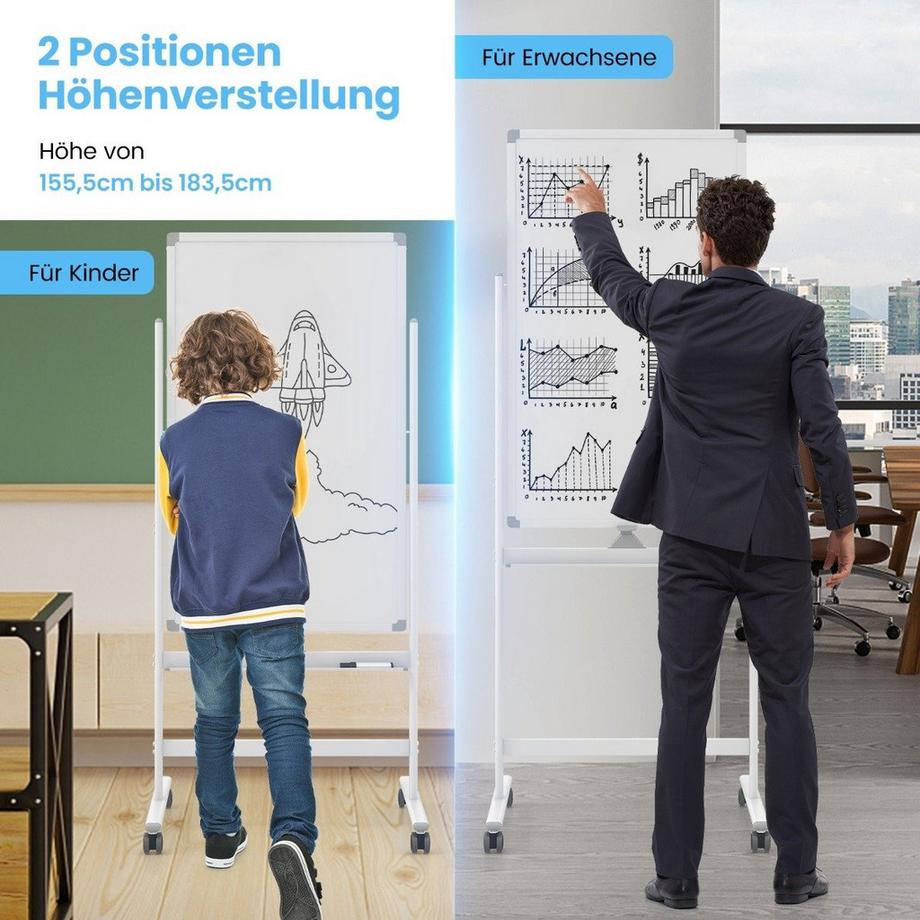 B2X  60 x 100 cm Doppelseitiges Magnetisches Whiteboard mit Rollen & Ständer & Stiftablage Weiß 