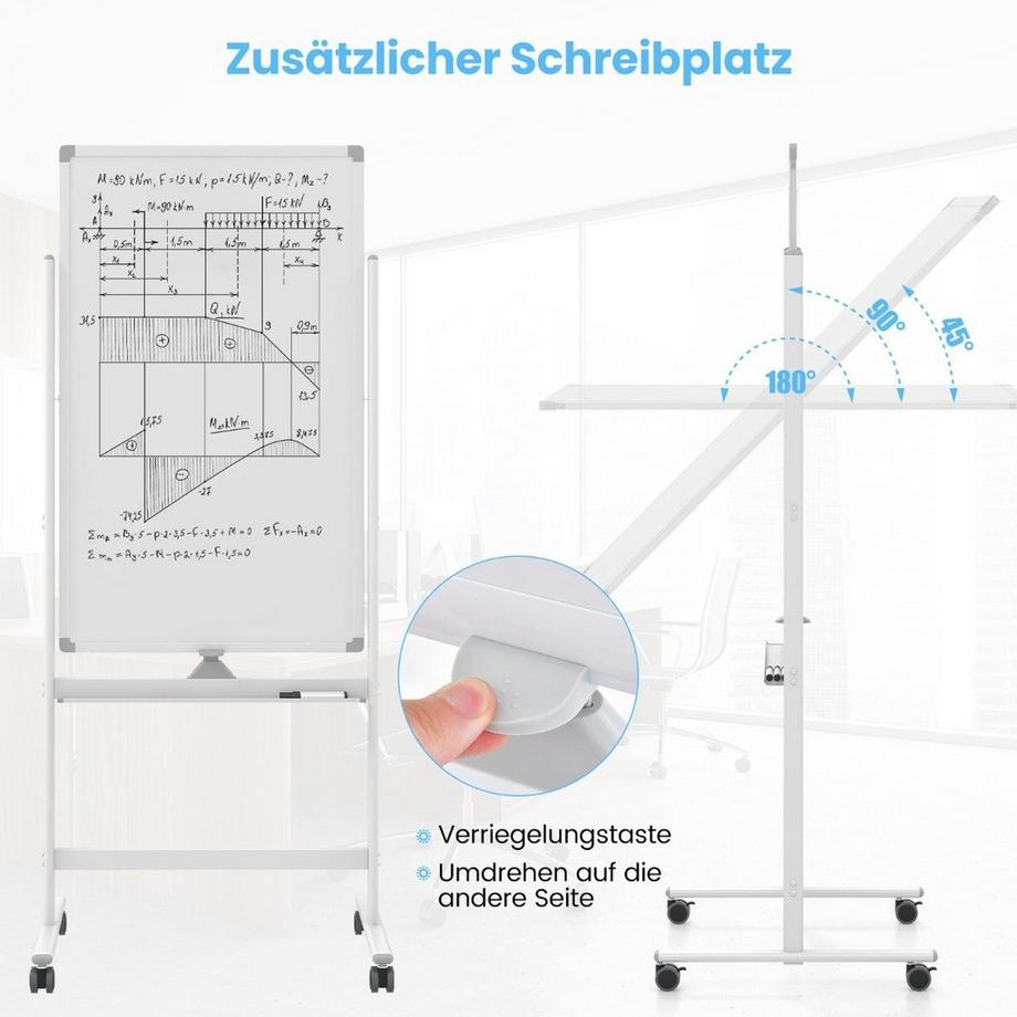 B2X  60 x 100 cm Doppelseitiges Magnetisches Whiteboard mit Rollen & Ständer & Stiftablage Weiß 