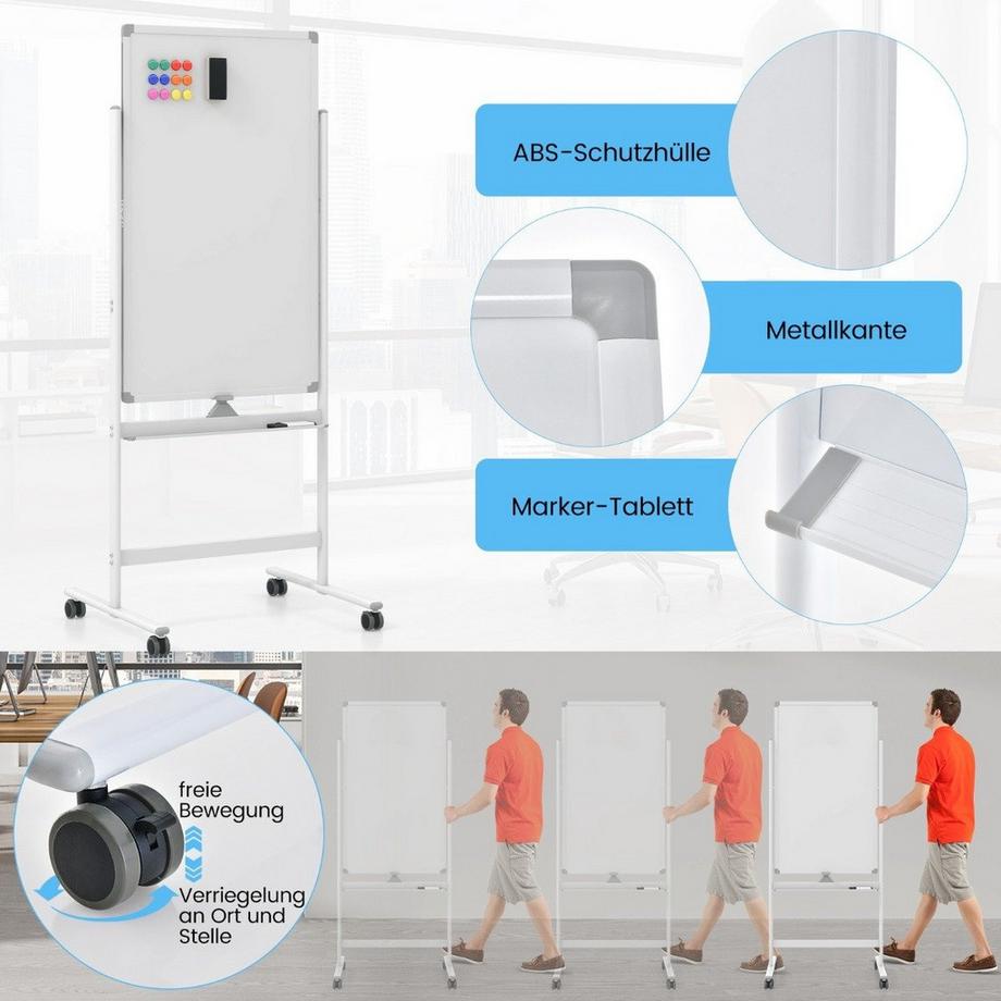 B2X  60 x 100 cm Doppelseitiges Magnetisches Whiteboard mit Rollen & Ständer & Stiftablage Weiß 