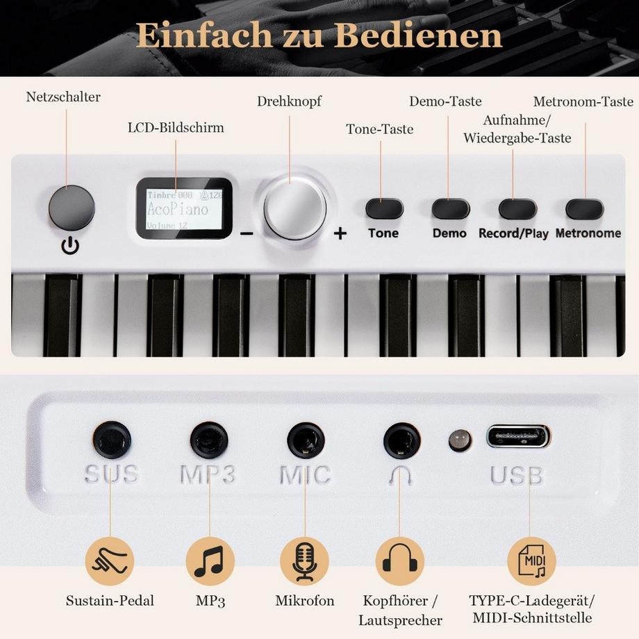 B2X  Klappbares E-Keyboard Faltbar mit 88 Beleuchteten Tasten Digitale Keyboard Digitale Keyboard Weiß 