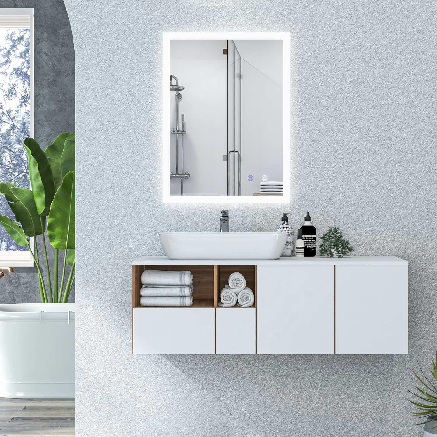 Northio Specchio da bagno, 80 x 60 cm, specchio da bagno con illuminazione a LED, specchio luminoso con interruttore tattile, funzione memory, con 3 colori di luce  