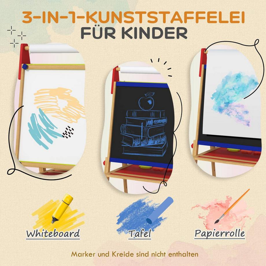 Northio  3-in-1 Kindertafel höhenverstellbar, doppelseitige Kinder Staffelei mit Ablage, Staffelei mit Farbbecher, Radiergummi, Zeichenpapier, für Kinder 3-8 Jahre, Naturholz 