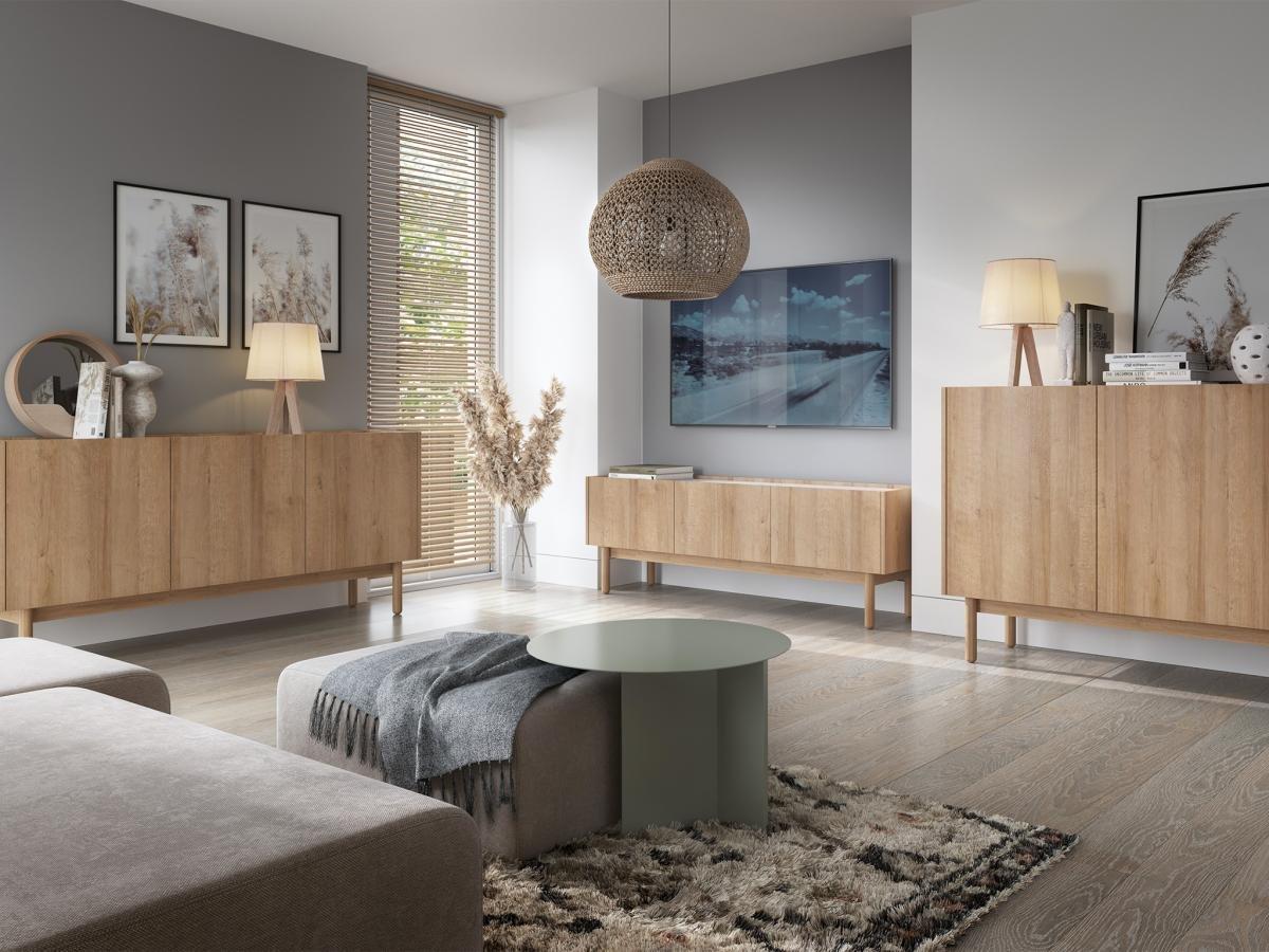 Vente-unique TV-Möbel mit 3 Türen - Helle Holzfarben & Marmor-Optik Weiß - SITOLI  