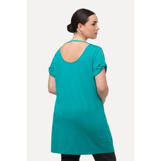 Ulla Popken  T-shirt con drappeggio, cut-out, scollo a girocollo e mezze maniche 