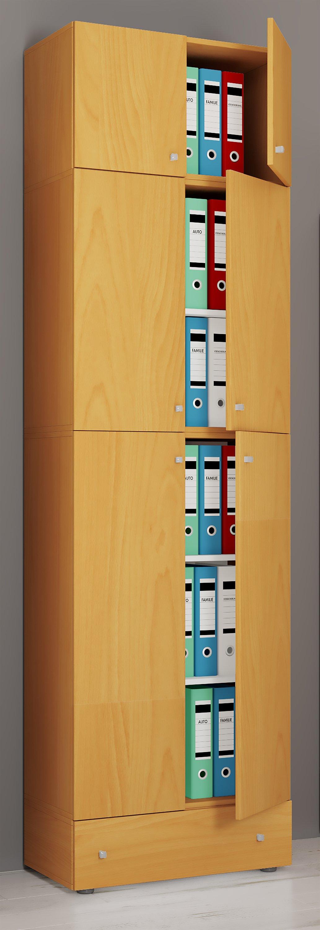 VCM XXXL Büroschrank mit 5 Fächern mit Aufsatz und Schublade | moderner Aktenschrank mit Drehtüren | Maße ca. H. 240 x B. 70 x T. 39 cm – Lona 5-Fach  