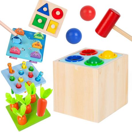 Activity-board  Jouet en bois 5 en 1 jouet de tri et d'empilage pour bébé jouet de motricité jeu de pêche jeu de marteau 