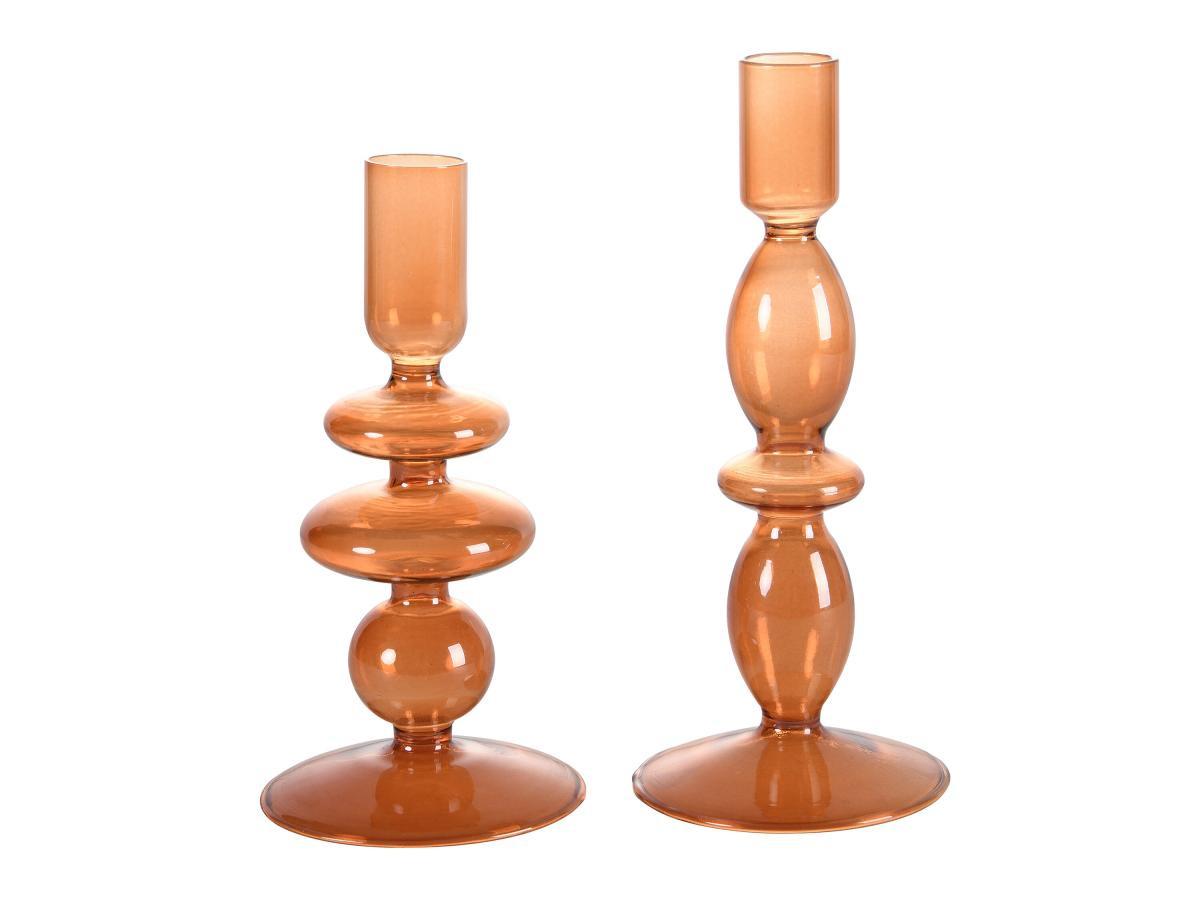 Vente-unique  Lot de 2 bougeoirs - H.21 et 18,5 cm - Verre - Orange - KANDIE 