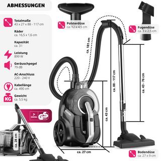 Tectake Aspirateur VC900, 900 W, sans sac, sols durs et tapis  