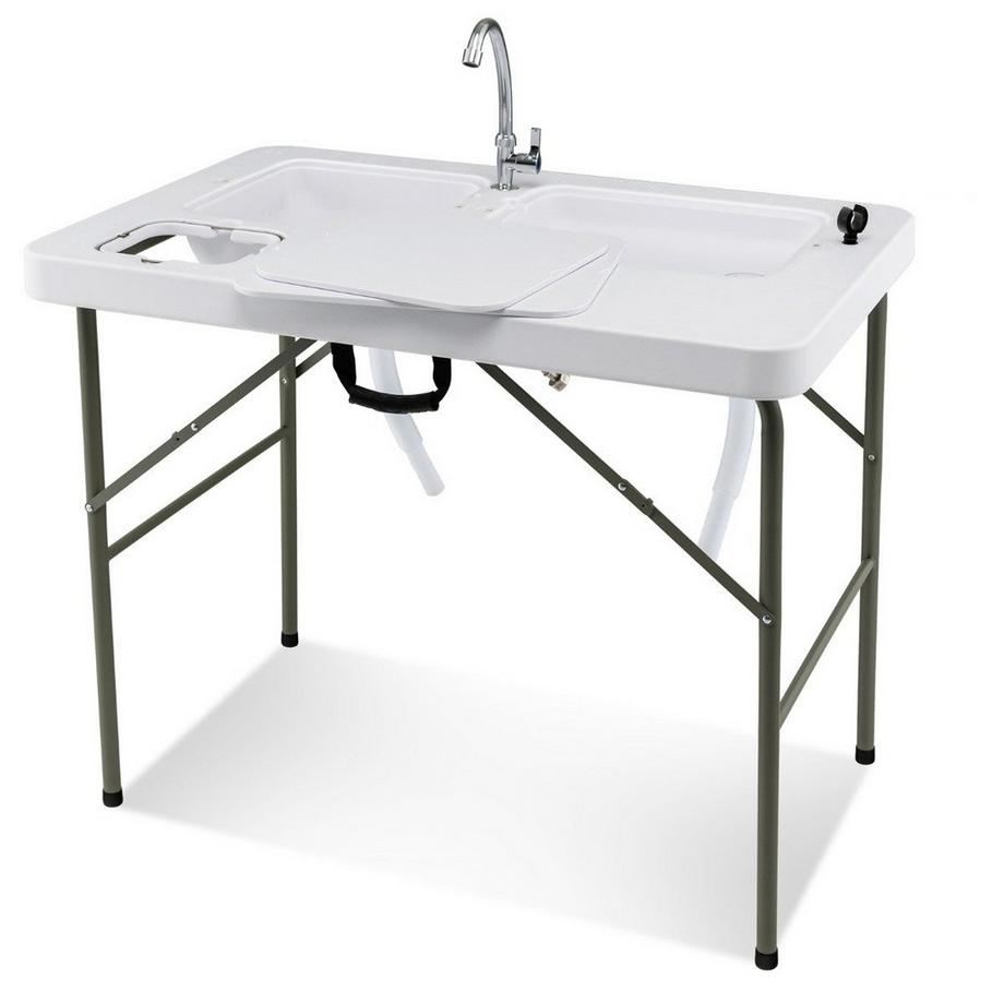 Table de découpe 2 en 1 pliable avec double évier et cadre en métal robuste