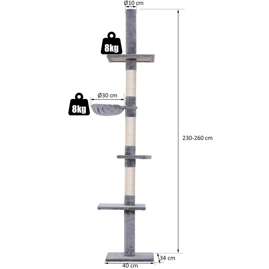 Northio  Arbre À Chat Plafond Haut Gris Réglable En Hauteur Avec Colonnes En Sisal, Pour Grimper Et Gratter, 40X34X230-260Cm 