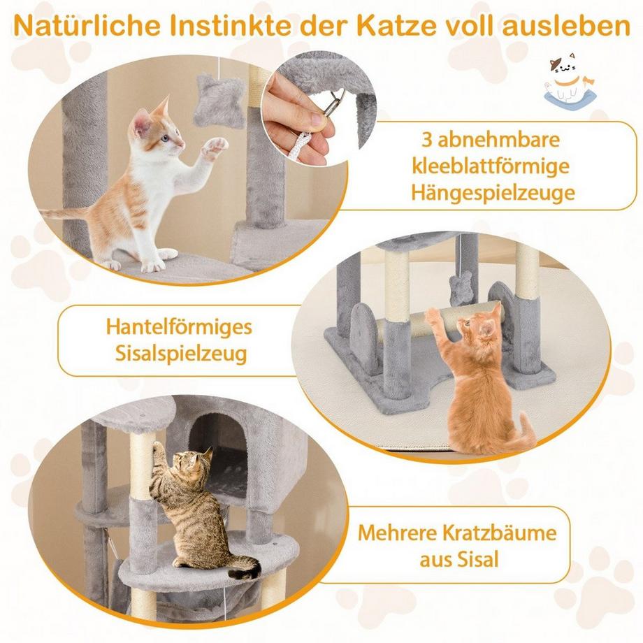 Northio  Tiragraffi in legno da 176 cm con grotta, lettino a cestino, amaca e tiragraffi in sisal 