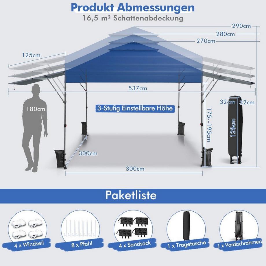 Northix Tenda parasole con baldacchino pop-up 300 x 537 x 270-290 cm blu  