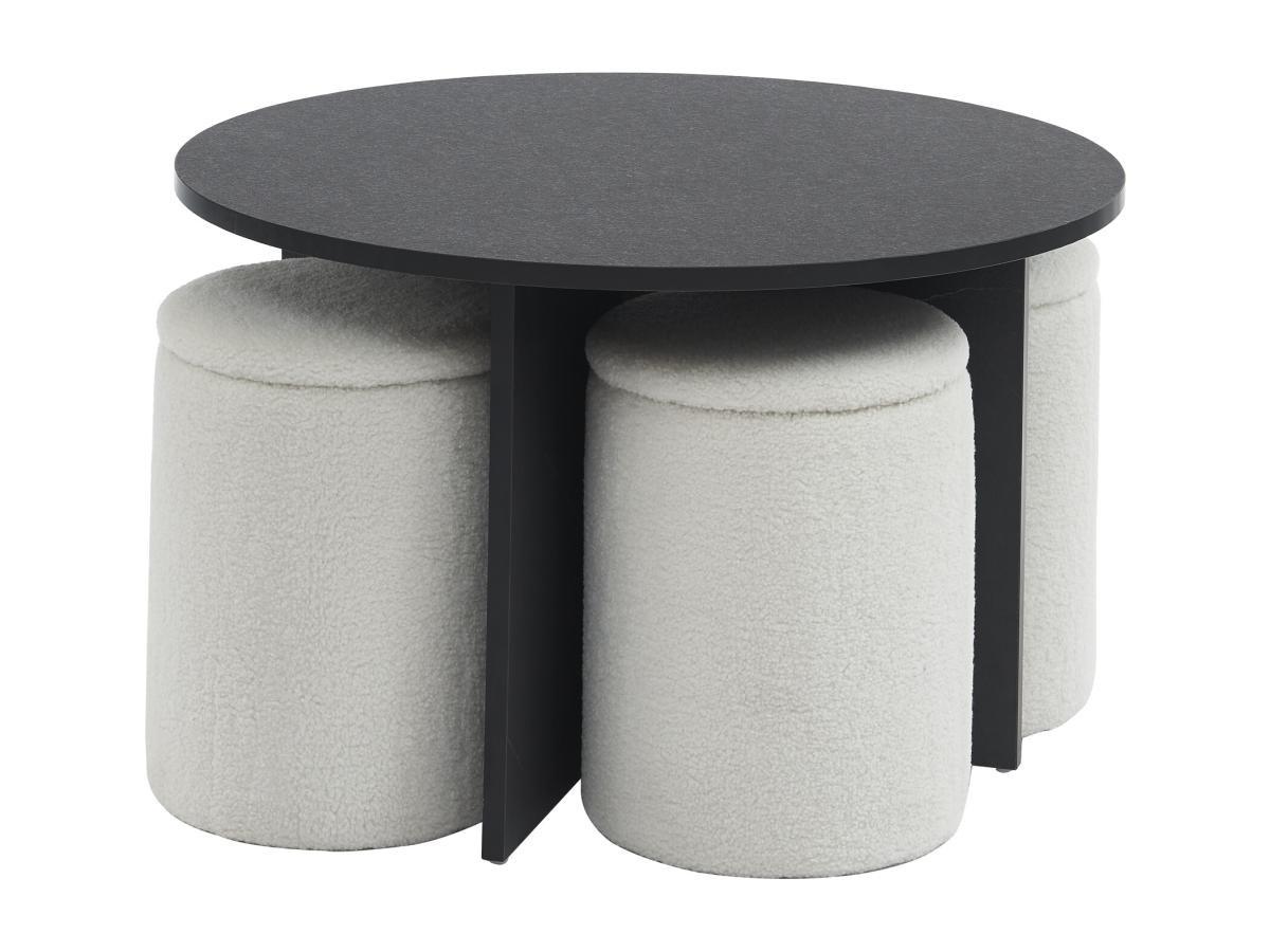 Vente-unique Couchtisch aus MDF + 4 Hocker aus Bouclé-Stoff - Schwarz & Weiß - AKSAY  