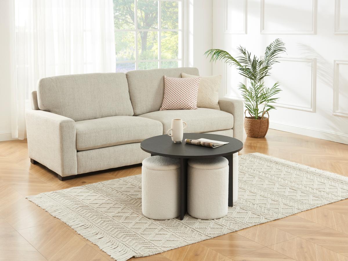 Vente-unique Couchtisch aus MDF + 4 Hocker aus Bouclé-Stoff - Schwarz & Weiß - AKSAY  