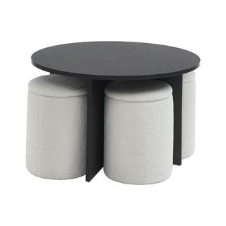 Vente-unique Couchtisch aus MDF + 4 Hocker aus Bouclé-Stoff - Schwarz & Weiß - AKSAY  