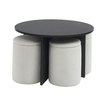 Table basse en MDF + 4 poufs en tissu bouclette - Noir et blanc - AKSAY