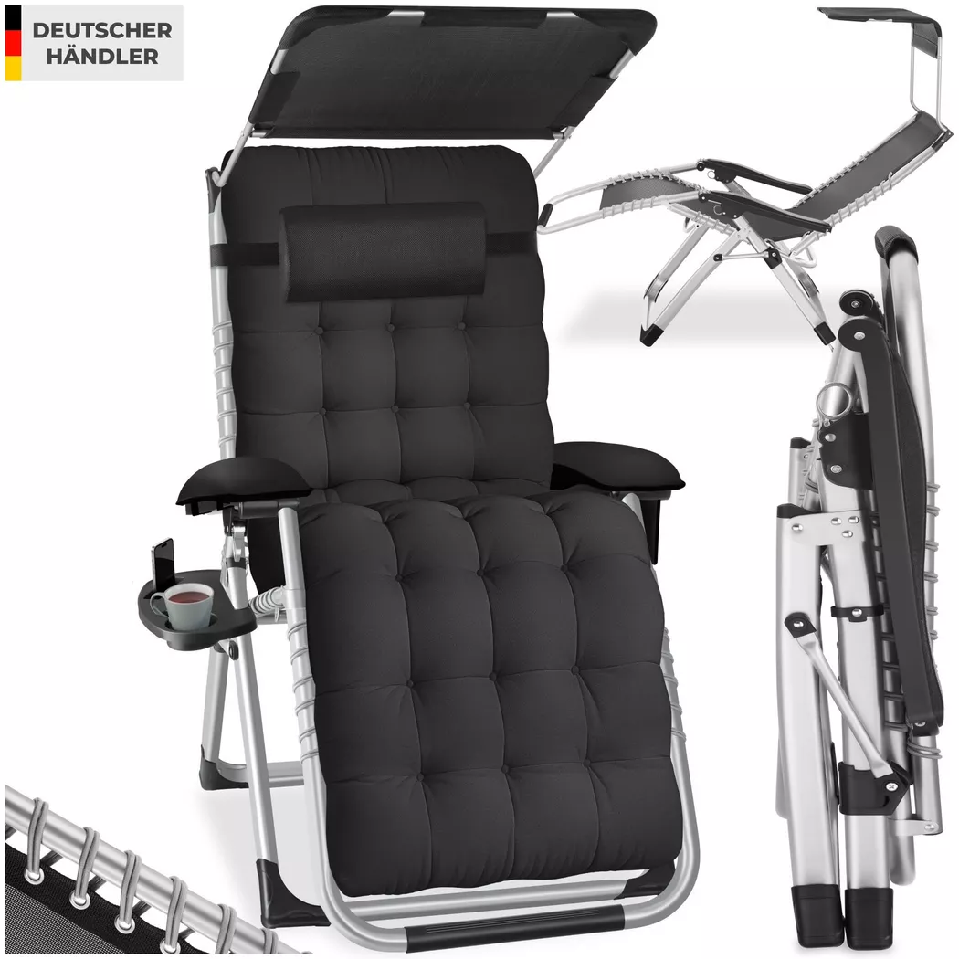 tectake® Sonnenliege, klappbar, flexible Rückenlehne und Fußablage, abnehmbare Sitz-, Arm- und Kopfpolster, mit Ablagetisch und Stautasche