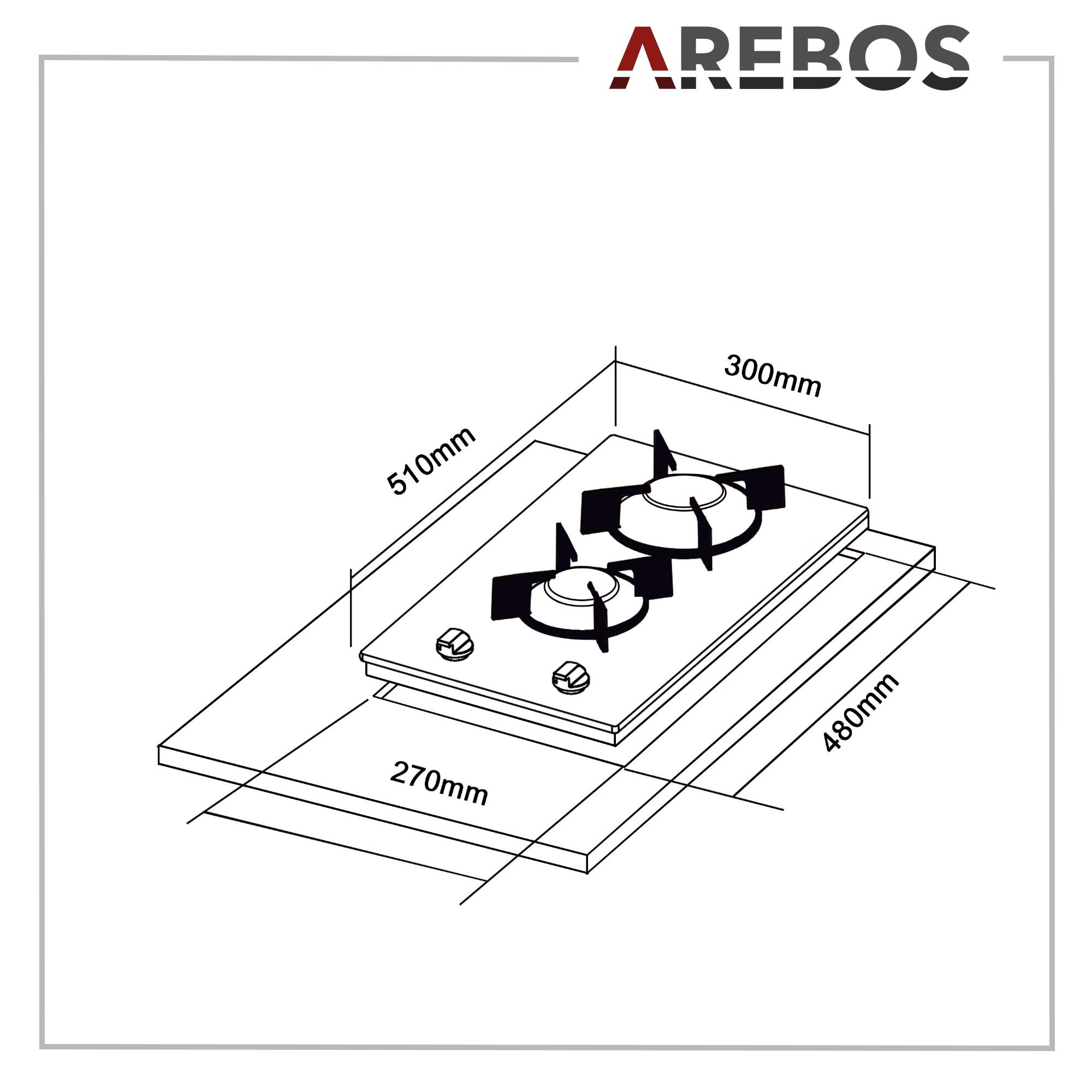 Arebos Gaskochfeld 2 Flammen | Glaskeramik | inkl. Topfträger & Zündsicherung  