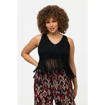 Top dal taglio svasato e smanicato in maglia con scollo a V e orlo con frange