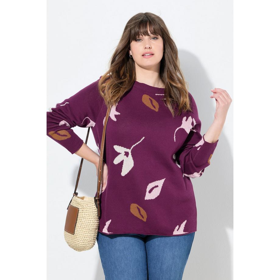 Ulla Popken Pullover Blätter U-Boot-Ausschnitt Langarm Biobaumwolle  