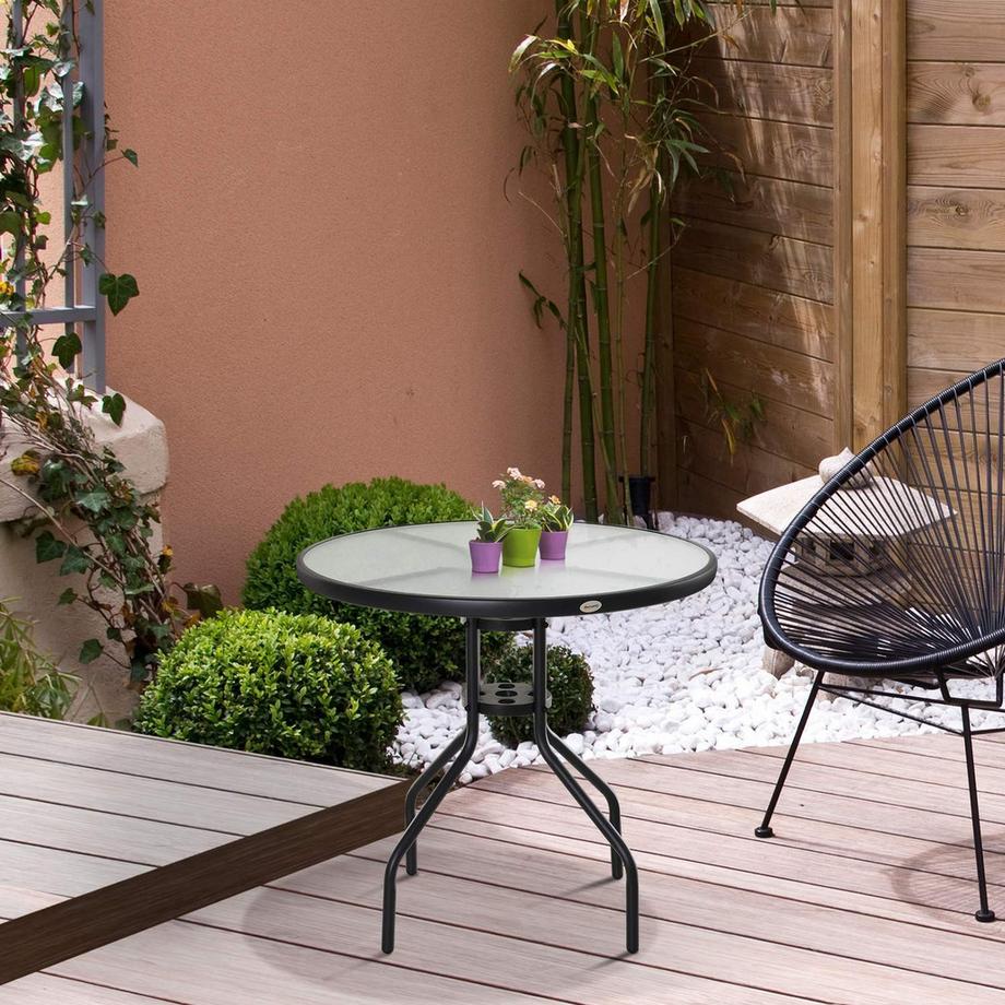 Northio Table De Jardin, Table De Balcon, Table De Bistro Avec Trou Pour Parasol, Verre Trempé + Métal, Noir, Diamètre 80 X 72 Cm  