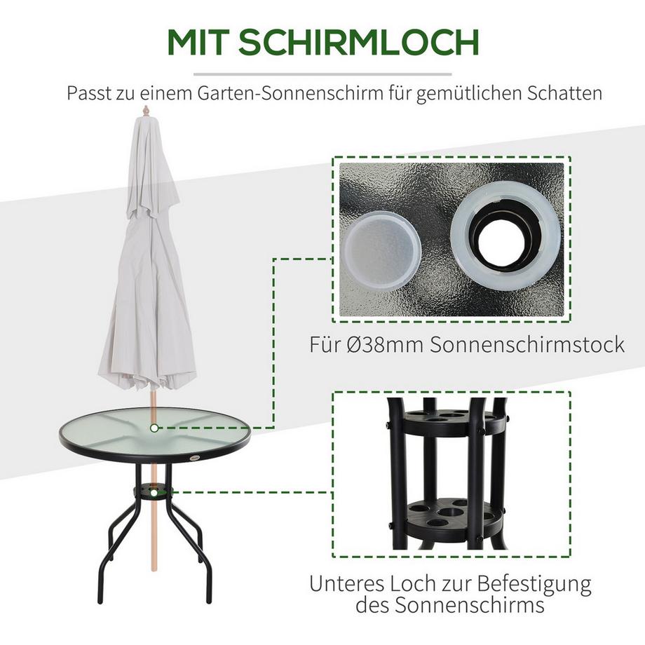 Northio Table De Jardin, Table De Balcon, Table De Bistro Avec Trou Pour Parasol, Verre Trempé + Métal, Noir, Diamètre 80 X 72 Cm  