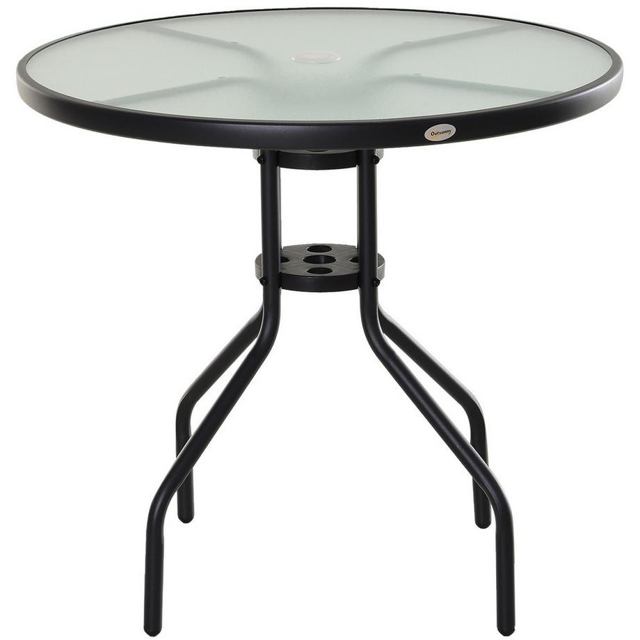 Table De Jardin, Table De Balcon, Table De Bistro Avec Trou Pour Parasol, Verre Trempé + Métal, Noir, Diamètre 80 X 72 Cm
