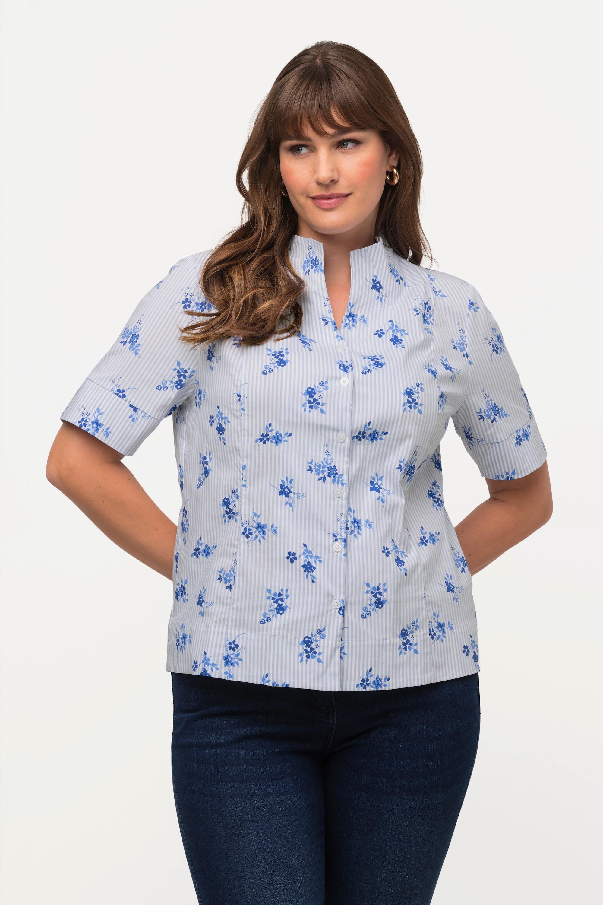 Ulla Popken  Blusa con fiori, righe, scollo montante e mezze maniche 