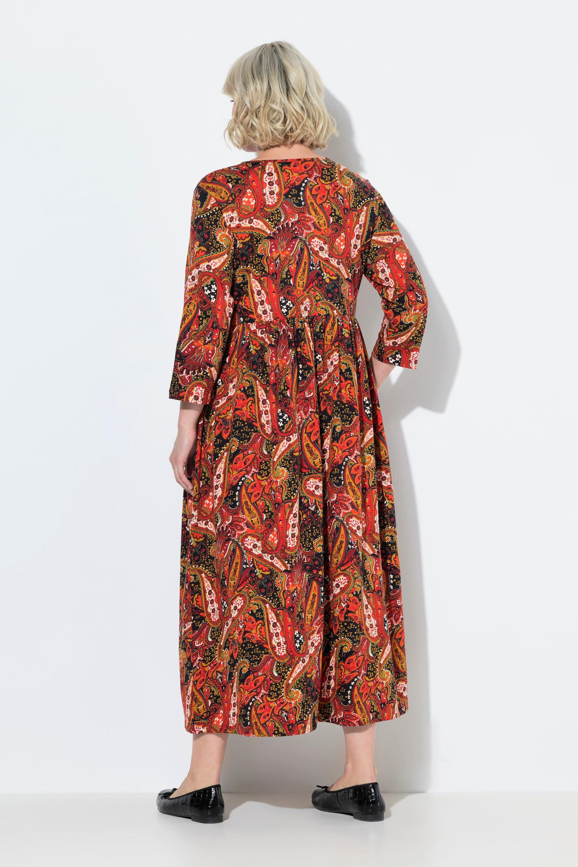 Ulla Popken Maxi Abito Jersey Fantasia Paisley Taglio Svasato Scollo a V Maniche 3/4  