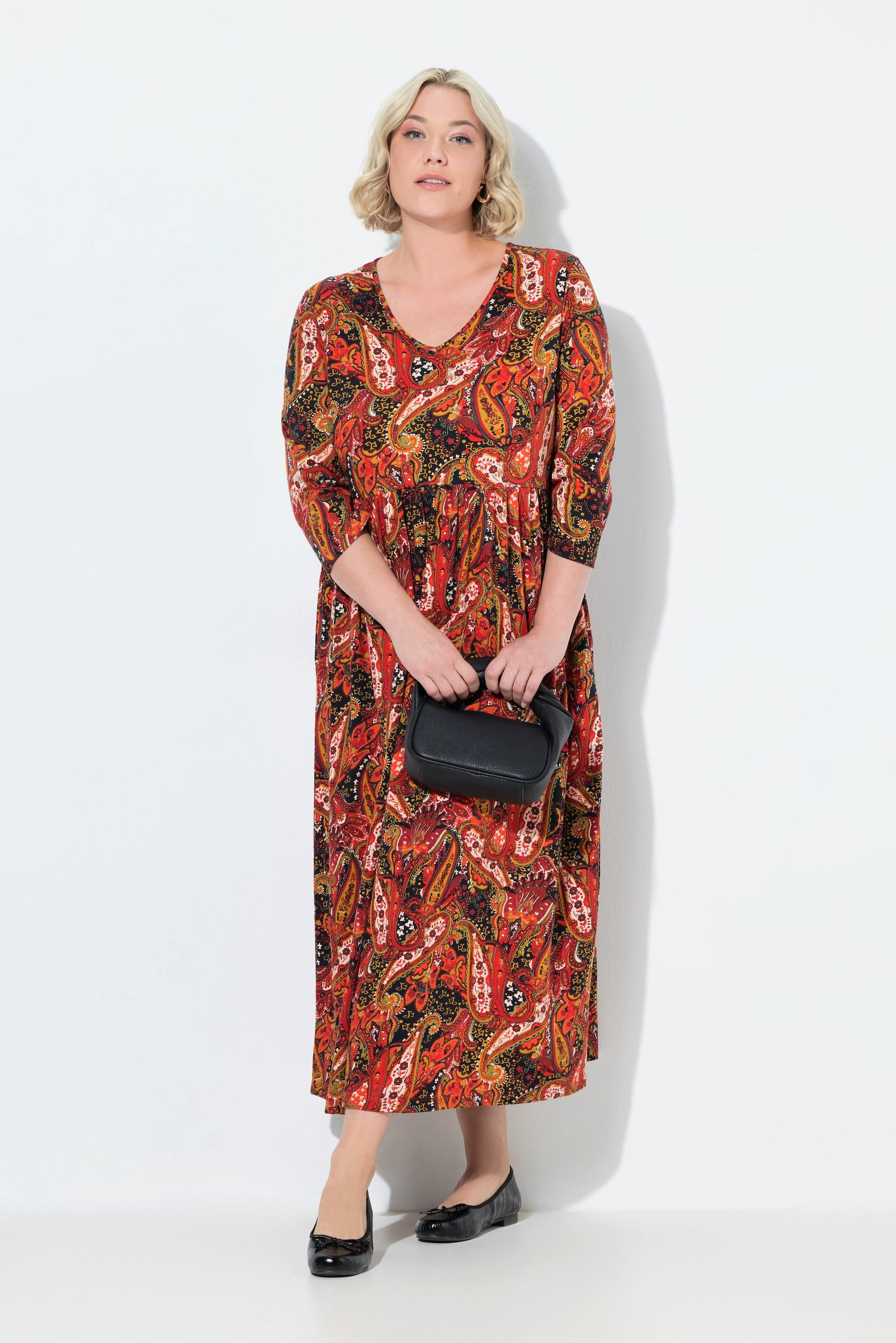 Ulla Popken Maxi Abito Jersey Fantasia Paisley Taglio Svasato Scollo a V Maniche 3/4  