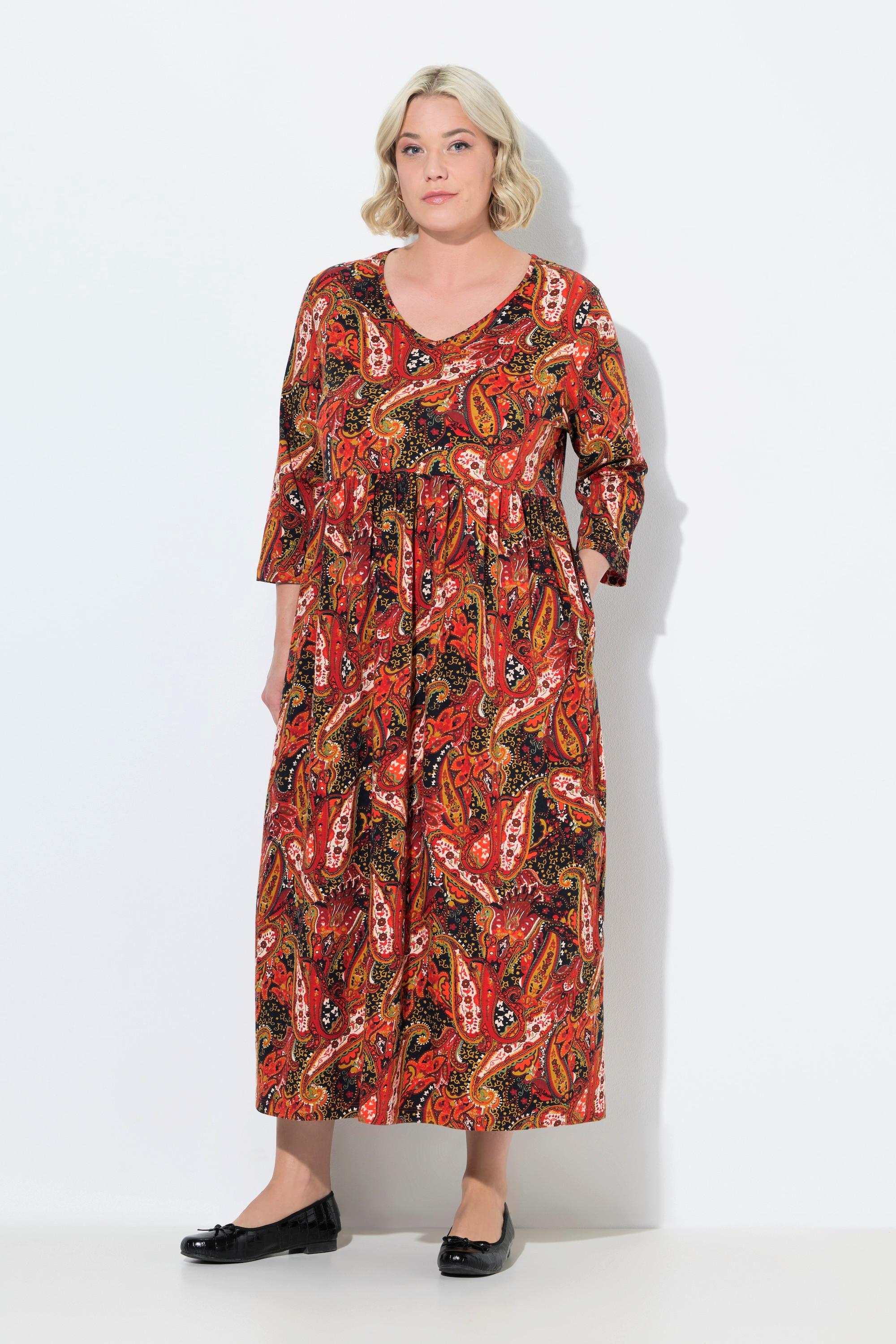 Ulla Popken Maxi Abito Jersey Fantasia Paisley Taglio Svasato Scollo a V Maniche 3/4  