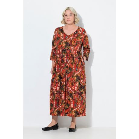 Ulla Popken Maxi Abito Jersey Fantasia Paisley Taglio Svasato Scollo a V Maniche 3/4  