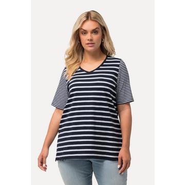 Maglia dal taglio svasato con mix di righe, scollo a V e mezze maniche