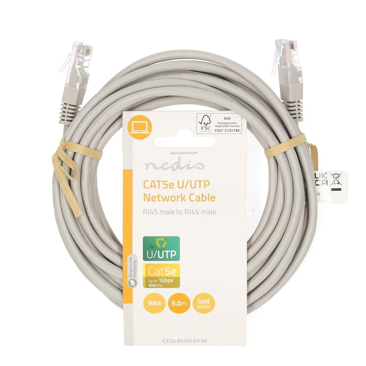 Nedis  Câble réseau CAT5e | U/UTP | RJ45 mâle | RJ45 mâle | 5.00 m | Rond | PVC | Gris | Label 
