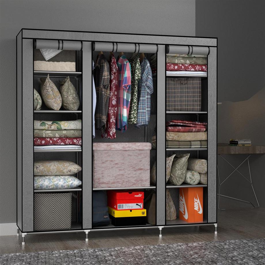 Intirilife Faltbarer Kleiderschrank mit Kleiderstange, Fächern und Seitentasche  