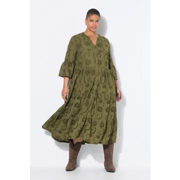 Maxikleid, Lochstickerei, Volants, 3/4-Ärmel