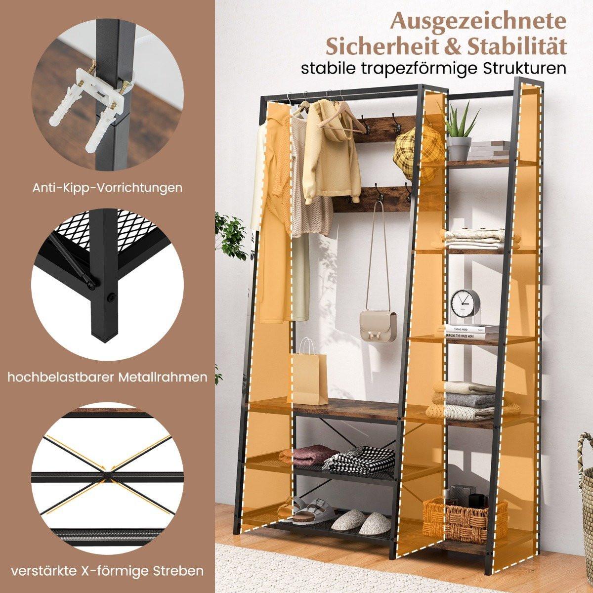 Northix Appendiabiti 5 in 1 con panca per scarpe, 9 ganci, 5 ripiani laterali e 2 ripiani in filo metallico  