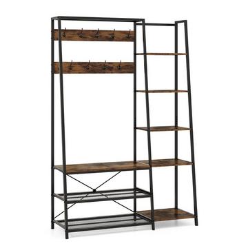 Appendiabiti 5 in 1 con panca per scarpe, 9 ganci, 5 ripiani laterali e 2 ripiani in filo metallico