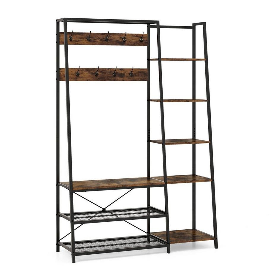 Portemanteau 5 en 1 avec banc à chaussures & 9 crochets & 5 étagères latérales & 2 étagères grillagées