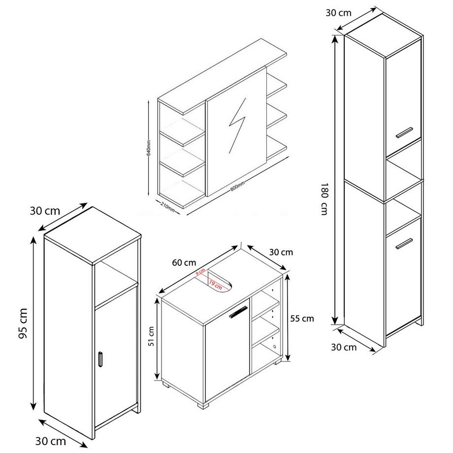 VCM 4-tlg. Komplett Badmöbel Badschrank Bad Unterschrank Hochschrank Set Zalo I  