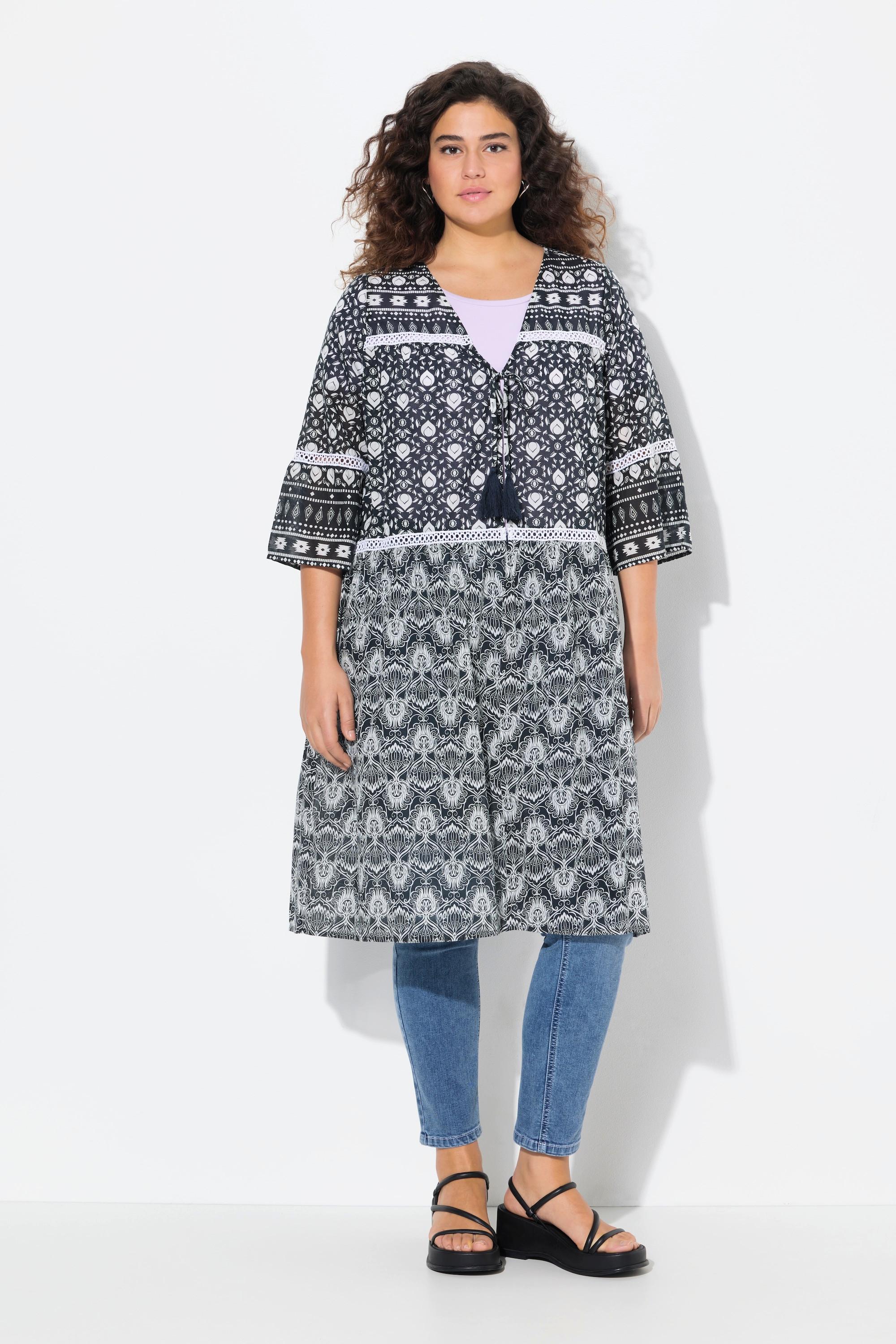 Ulla Popken Longjacke Mustermix V-Ausschnitt 3/4 Glockenarm  