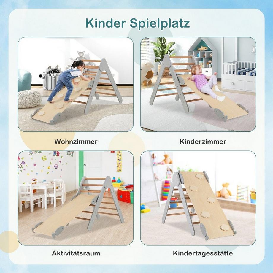 B2X  Kletterdreieck mit Rutsche Klettergerüst Indoor ab 1 Jahr Sprossendreieck Kletterrampe aus Holz Grau 