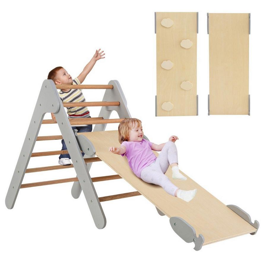 B2X  Kletterdreieck mit Rutsche Klettergerüst Indoor ab 1 Jahr Sprossendreieck Kletterrampe aus Holz Grau 