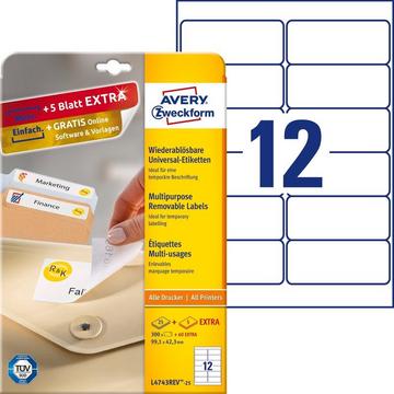 Avery-Zweckform L4743REV-25 Etichette 99.1 x 42.3 mm Carta Bianco 360 pz. Staccabile Etichetta universale Inchiostro