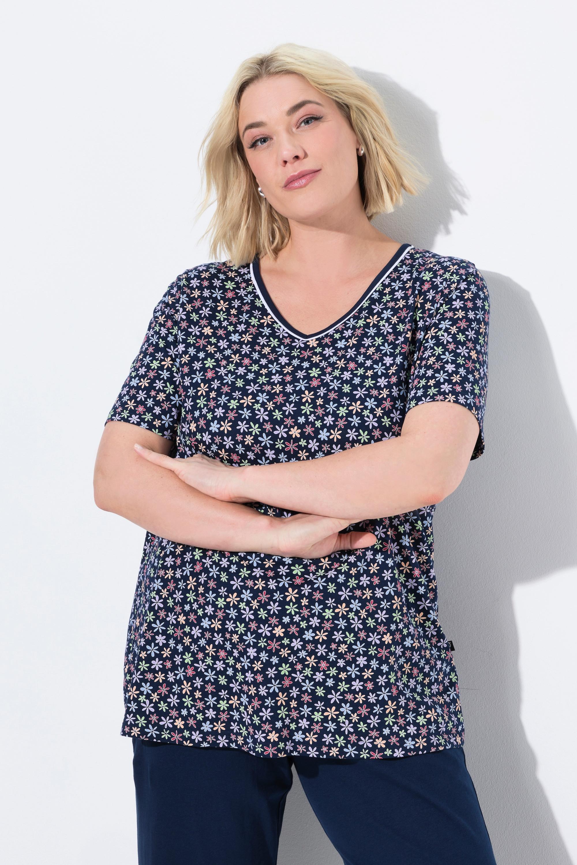 Ulla Popken Maglia pigiama floreale Scollo a V Mezza manica  