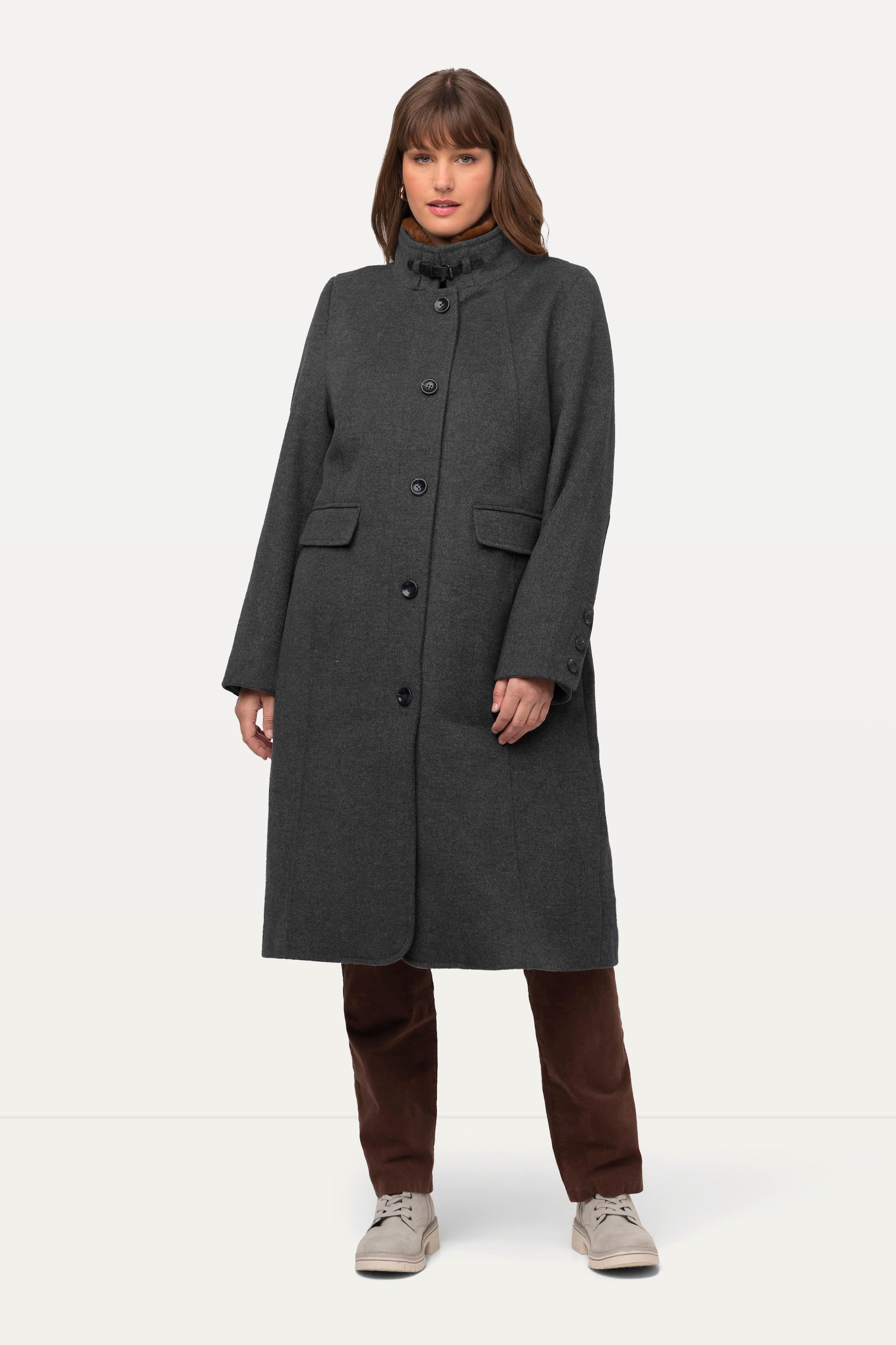 Ulla Popken  Manteau style tyrolien à col montant et fermeture éclair à double sens, fourrure tissée 