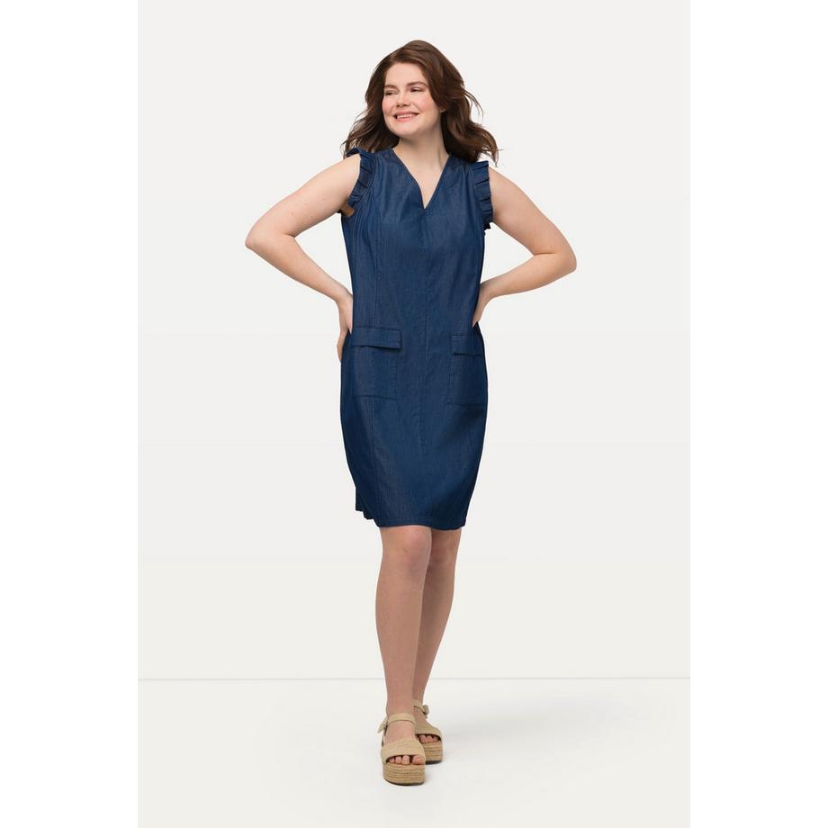 Ulla Popken Kleid Jeansoptik A-Linie V-Ausschnitt Flügelärmel  