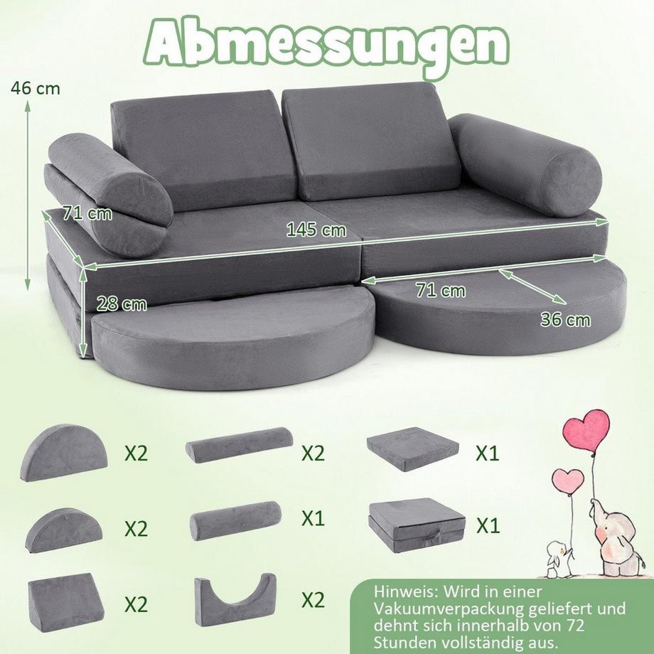 Northix  14 teiliges modulares Kindersofa Spielsofa aus Schaumstoff Bausteine-Sofa zum Klettern & Krabbeln Grau 
