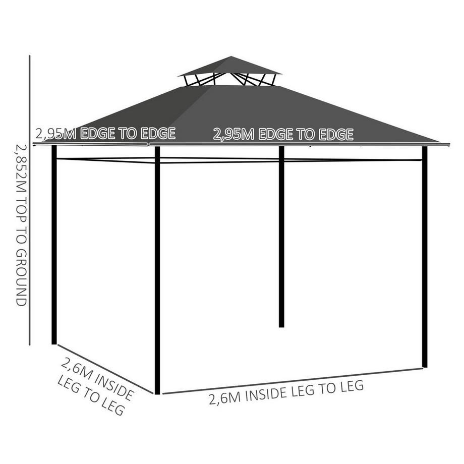 Northio Pavillon Ca. 3 X 3 M, Gartenzelt Mit Seitenwand, Partyzelt Mit Doppeldach, Wetterfest Festzelt, Gartenpavillon, Metall, Dunkelgrau  